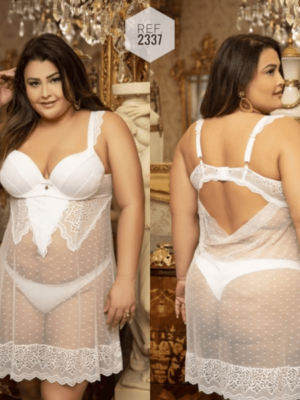 Camisola plus size com bojo tule de poá e renda Ref. 2337